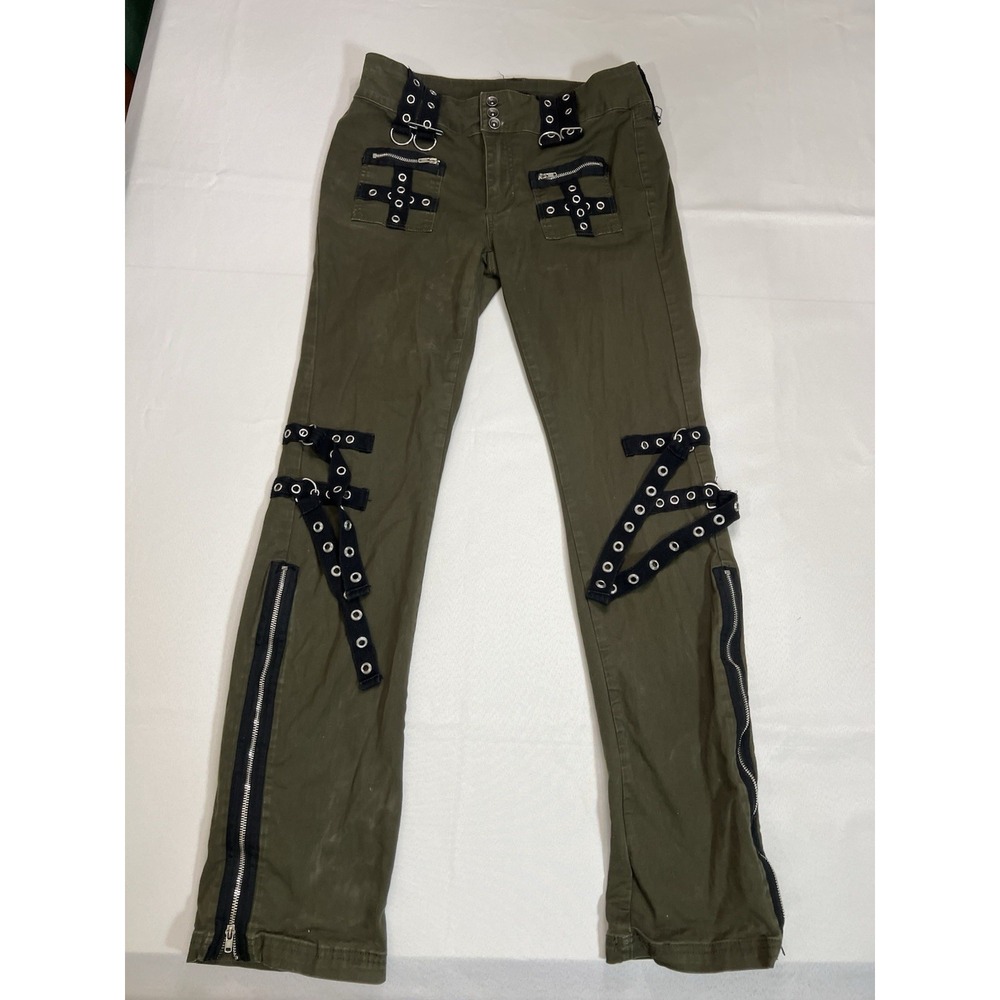 Hot Topic Women's Pants 5 Army Green Zipper Grommet Strap Flare Goth Grunge Punk